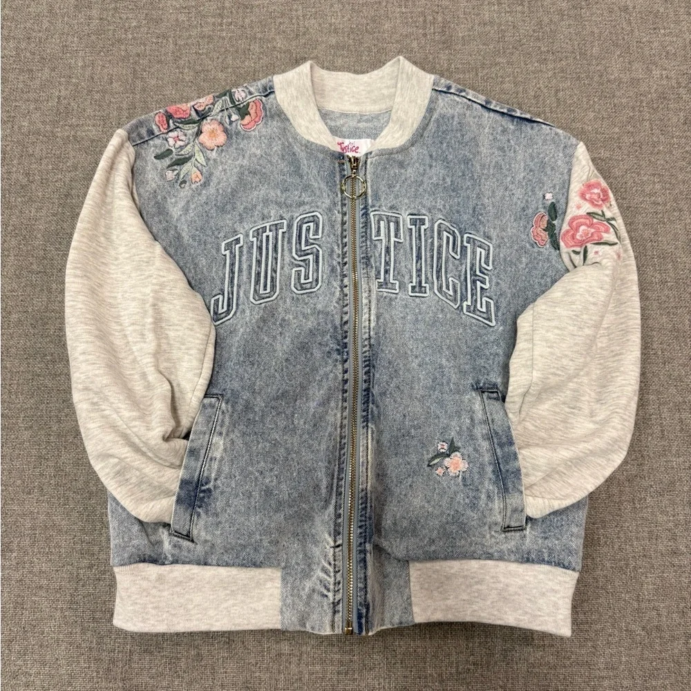 Justice Blue and Gray Bomber Jacket with Floral Design, Embroidery 0079
